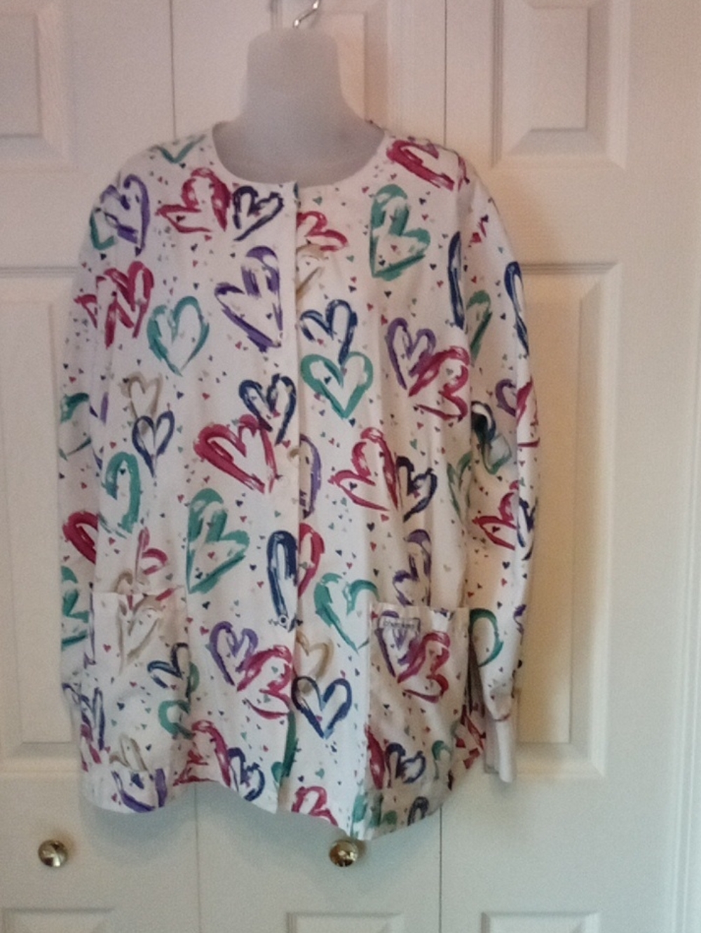 Cherokee White Scrub Top with Colorful Heart Print